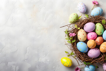 Obraz na płótnie Canvas pastel Easter eggs in a nest on a gray background, Easter background, space for text
