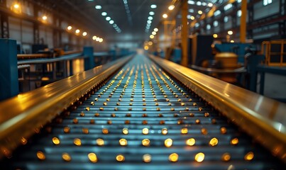 A conveyor belt is moving down a train track in a factory, lit by electric blue lighting. The wood and metal lines create symmetry in this engineering metropolis