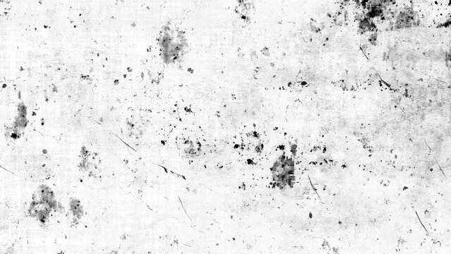 Grunge monochrome grey wall background moving stop motion texture with white floating dust with flickering and floating steam, dirt black spots, grain, ink scratches, overlays, vintage effect