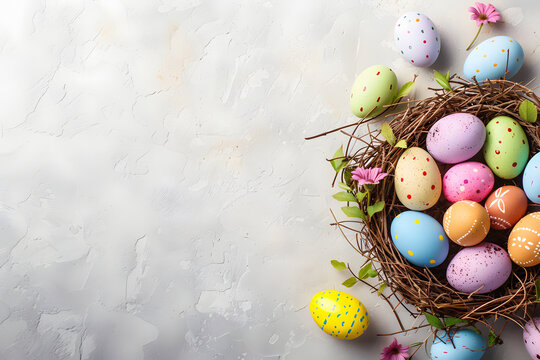 pastel Easter eggs in a nest on a gray background, Easter background, space for text