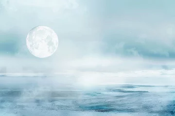 Deurstickers Develop a mottled background that captures the stark, minimalist beauty of a winter landscape under a full moon, with shades of blue, white, and silver reflecting the cold, luminous night © Counter