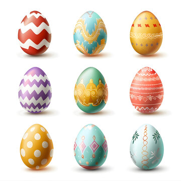 illustration of a collection of various Easter eggs on a white background, collection of designs for Easter eggs