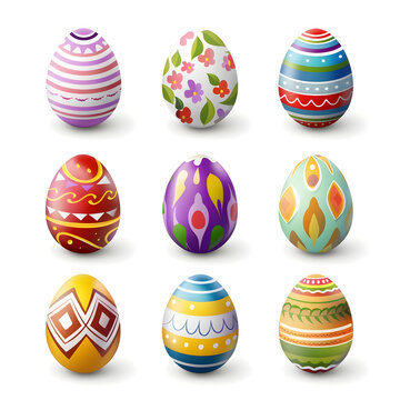 illustration of a collection of various Easter eggs on a white background, collection of designs for Easter eggs