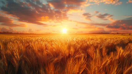 Rural landscape of sunrise over the fields of grain on the first day of summer.