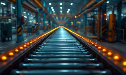 A train track in a metropolitan area factory, with electric blue lights on parallel metal rails. The symmetry of the technology creates a futuristic vibe