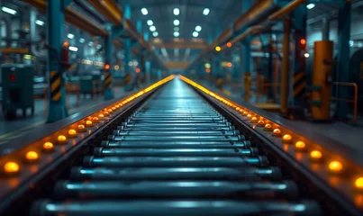 Foto op Plexiglas A train track in a metropolitan area factory, with electric blue lights on parallel metal rails. The symmetry of the technology creates a futuristic vibe © RichWolf