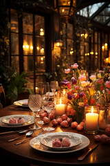 Candlelit Easter Dinner: A dining table set for an intimate Easter dinner with softly lit candles.