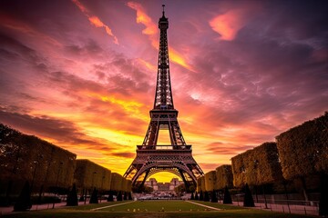the sunset light illuminates paris france eiffel tower