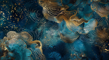 Fototapeta na wymiar HD-captured crosshatching wonder, a dance of cool blues and golden hues forming an opulent tapestry of depth and tactile allure.