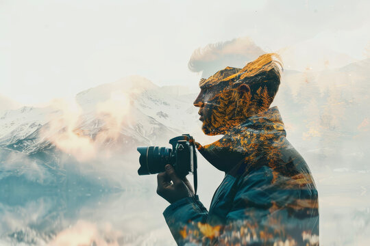 A portrait of a photographer with a double exposure of a camera and a landscape