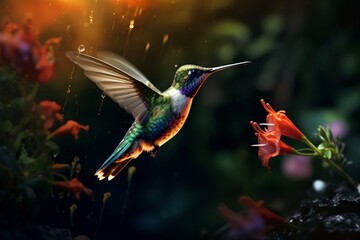 a hummingbird flying next to a flower
