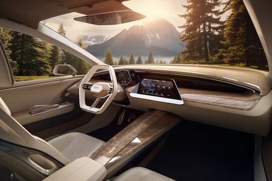 the interior of a car with trees and mountains in the background
