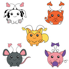 Set of five colourful monsters with heart horns in the shape of a dog, cat, mouse or rat, fox, piggy 