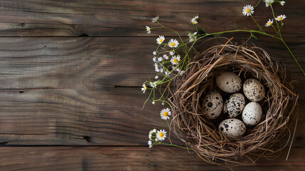 Spring nest with quail eggs with flowers on a wooden background, top view - obrazy, fototapety, plakaty