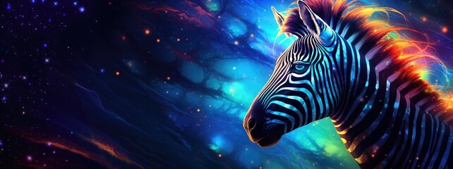 Zebra on cosmic background with space, stars, nebulae, vibrant colors, flames; digital art in fantasy style, featuring astronomy elements, celestial themes, interstellar ambiance - obrazy, fototapety, plakaty