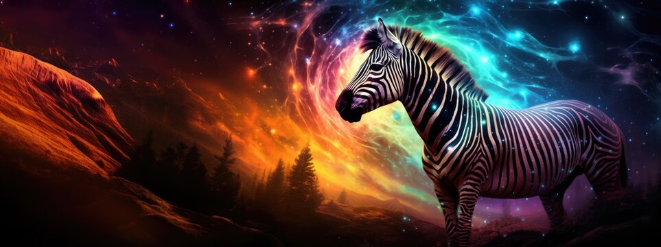 Zebra on cosmic background with space, stars, nebulae, vibrant colors, flames; digital art in fantasy style, featuring astronomy elements, celestial themes, interstellar ambiance