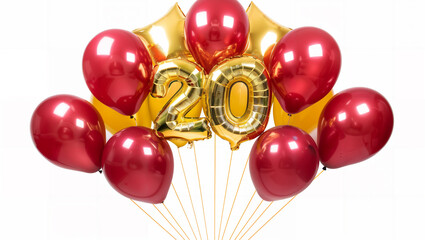 Congratulations card for the 20th birthday/anniversary with red and golden balloons.