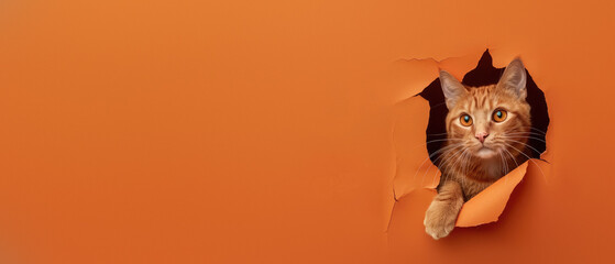 Orange background with a ginger cat peeking through a ripped hole, showing curiosity and playfulness