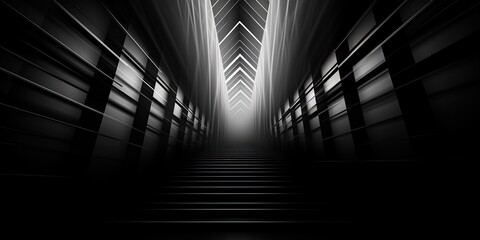An abstract composition of a single light illuminating the symmetry of a dark staircase at night, creating an alluring contrast between the monochrome black and white lines - obrazy, fototapety, plakaty