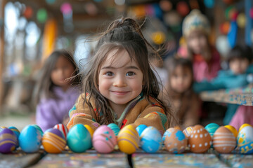Fototapeta na wymiar girl and colored eggs on blurred background . happy easter concept. homemade, seasonal, religious holiday style