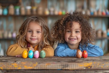 Fototapeta na wymiar two children with painted eggs on blurred background . happy easter concept. homemade, seasonal, religious holiday style