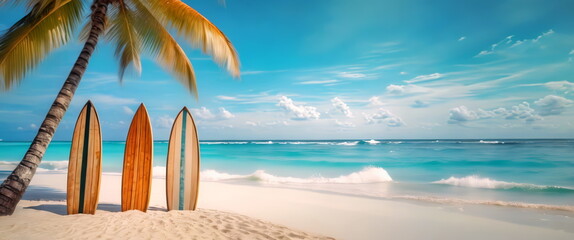 Surfboards Against a Tropical Beach. Four wooden surfboards of different sizes are propped up on a...