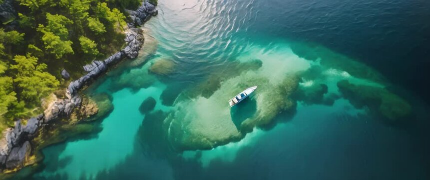 Yacht in open sea near the shore, top view from above. Anchorage of a large catamaran on transparent ocean water. Beautiful rocky beach with sailing boat.