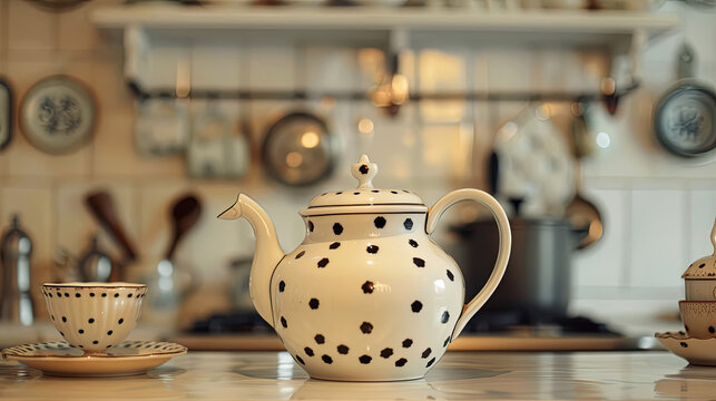 
A delightful kitchen table arrangement showcasing an adorable white teapot embellished with charming black polka dots