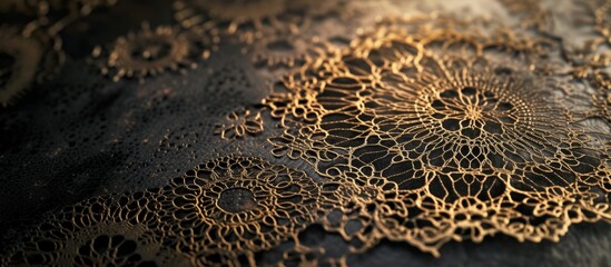 Luxurious close up of intricate gold lace detail on elegant black surface