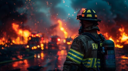 Firefighter facing a hazardous wildfire with smoke and heat - obrazy, fototapety, plakaty