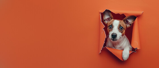 The ears and paws of a French Bulldog popping out from a torn orange surface, showing playfulness