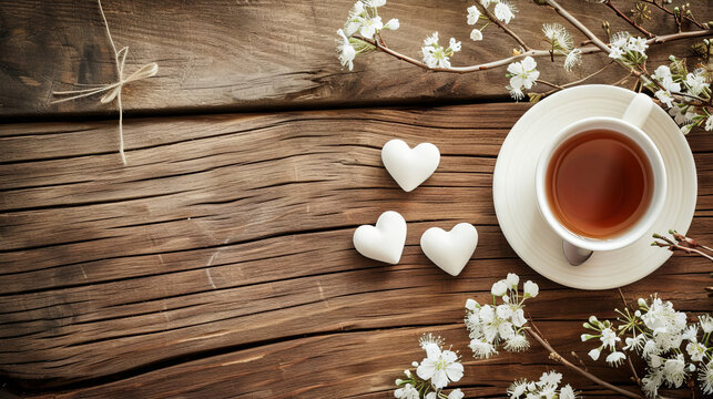 Top view of a glass cup filled with aromatic black tea with hearts on a wooden background