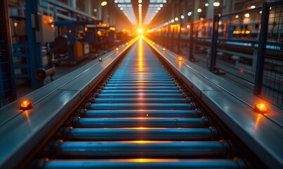 A train track in a factory with sunlight streaming through the windows, creating a symmetrical and picturesque thoroughfare in the metropolitan area - obrazy, fototapety, plakaty