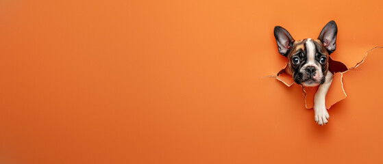 An adorable puppy's face looks through a ragged hole in an orange paper background with a surprised gaze