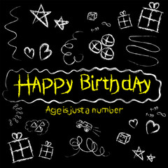 Fototapeta na wymiar Happy Birthday. Vector illustration. Doodle style. Hand drawn style. Black and white background. Colored. Pink Yellow. Green. Blue