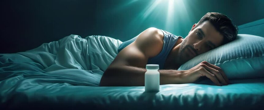 Sleepless Night with the Burden of Insomnia. A man lies awake in his bed, looking at a bottle of sleeping pills, as moonlight casts a glow in the quiet room