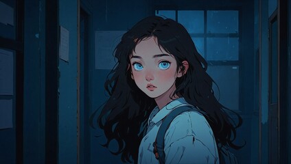 illustration of black long  hair anime girl 