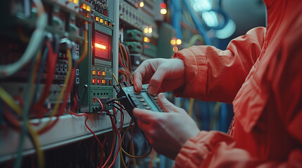 Electrical engineers use multimeters to test the installation of electrical systems and electrical currents in control cabinets - obrazy, fototapety, plakaty