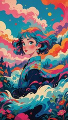 illustration of a girl with colorful clouds as a part of girl body