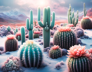 Cacti in the desert after a frost. Edited AI generated image - 751722994