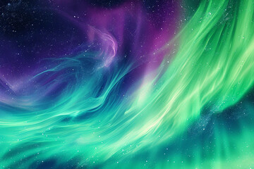 Compose a mottled background inspired by the dynamic and swirling patterns of the Northern Lights in a clear arctic sky, with vibrant greens, purples, and blues weaving across the heavens - obrazy, fototapety, plakaty