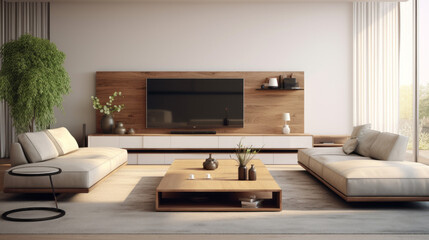 A stylish living room with a sectional sofa, Smart Home devices