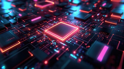 Fototapeta premium A close-up photo of a CPU on a circuit board. The CPU is a square, black chip with a golden heat spreader on top. The circuit board has many rectangular black chips, metallic traces, and colorfull