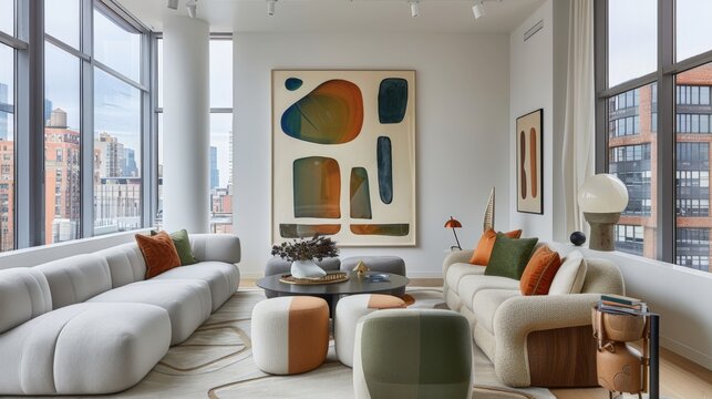 the living room features furniture in white color, a large art and a painting, in the style of color-blocked shapes, 