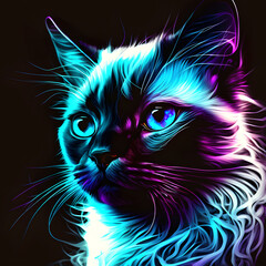 Siamese cat kitten kitty in abstract, graphic highlighters lines rainbow ultra-bright neon artistic portrait, commercial, editorial advertisement, surrealism. Isolated on dark background	
