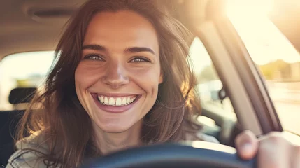 Tuinposter A charming young woman with a delightful smile takes control of the steering wheel as she drives a car © Taisiia