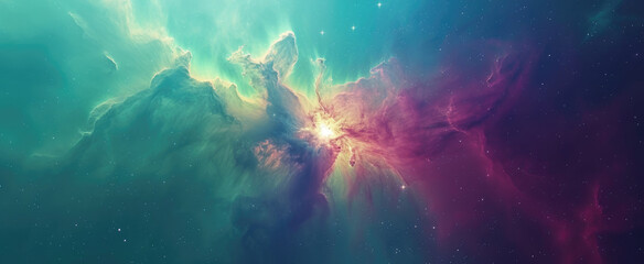 Glowing huge nebula with light from galaxy, stars, planets. Space background with beautiful colors