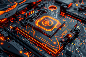 A processor with a orange and black design and a overclocking system on it