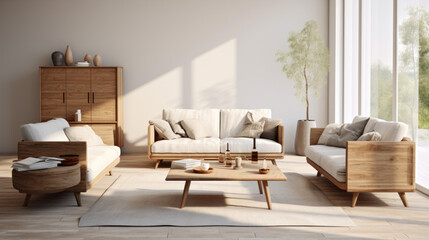 A stylish living room featuring sustainable furniture and natural elements