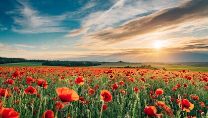 amazing poppy field landscape against colorful sky